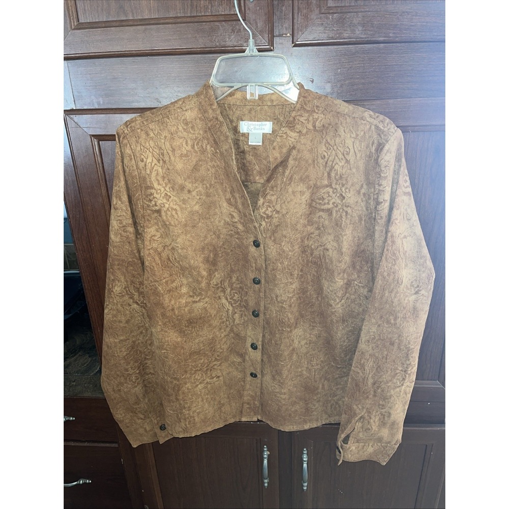 christopher and banks large womans shirt brown polyester textured floral